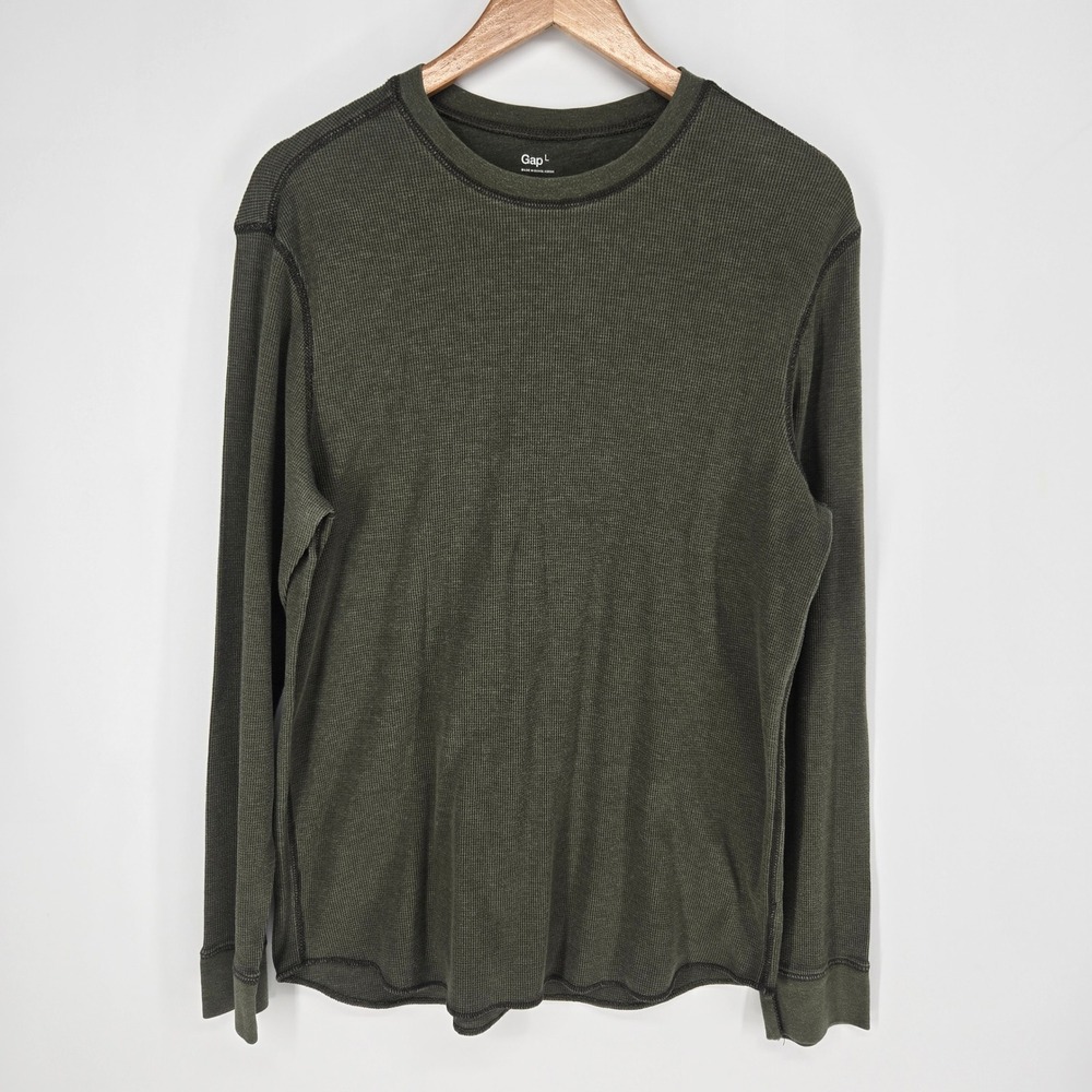 Gap Thermal Shirt Mens Large Olive Green Waffle Knit Long Sleeve Crew Neck Top
